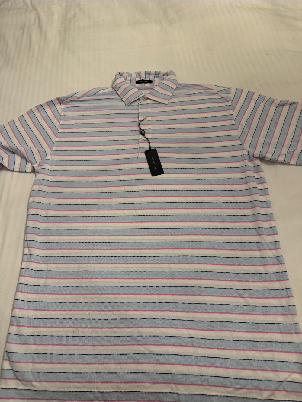 Men's Striped Polo Shirt - White with Blue & Pink Stripes